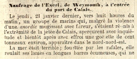 Naufrage de l’Excel, de Weymouth,  l’entre du port de Calais, segment 02